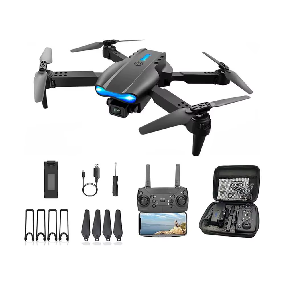 Drone dobrável preto com controle remoto, baterias, hélices reserva e case de transporte